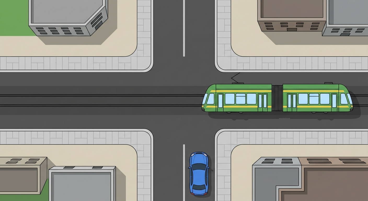 Al llegar a este cruce de vías sin señales que regulen la prioridad, ¿qué vehículo tiene el derecho de paso preferente?