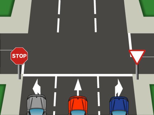 En esta intersección, ¿qué señal debe obedecer el vehículo azul para girar a la derecha?