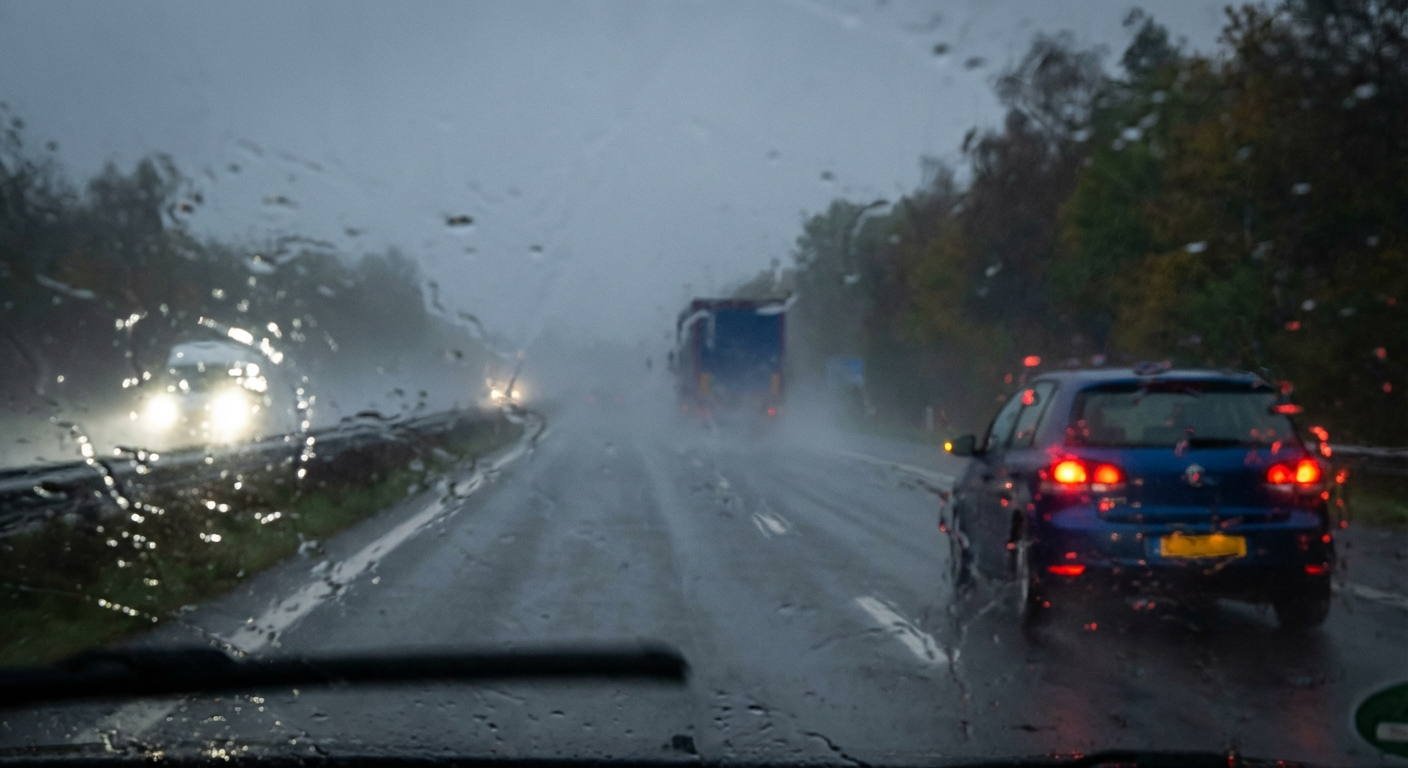 Al circular bajo condiciones meteorológicas adversas como niebla o lluvia intensa, ¿qué dispositivos de alumbrado se deben llevar encendidos obligatoriamente como mínimo?