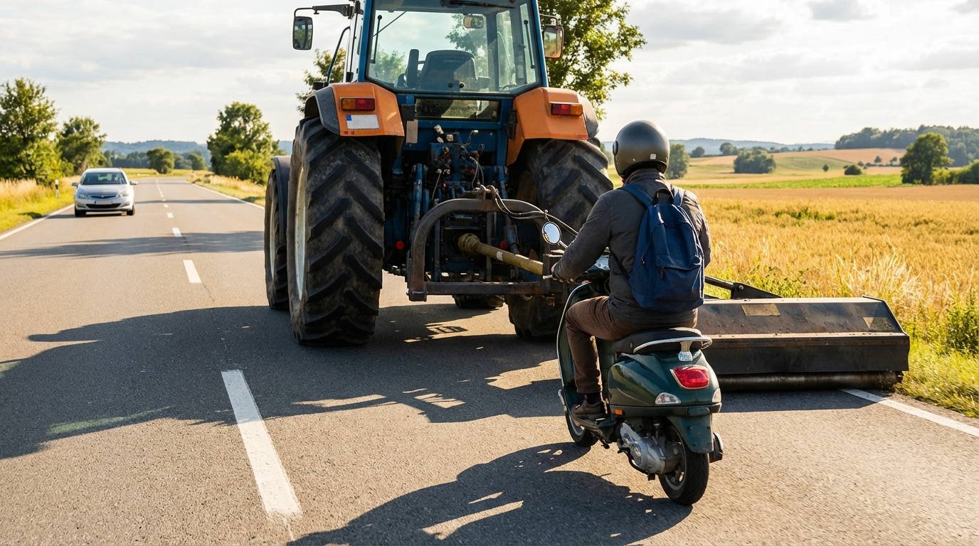 Circulando por una vía fuera de poblado, ¿le está permitido al conductor de un ciclomotor realizar un adelantamiento a un tractor agrícola que también transita por el arcén?