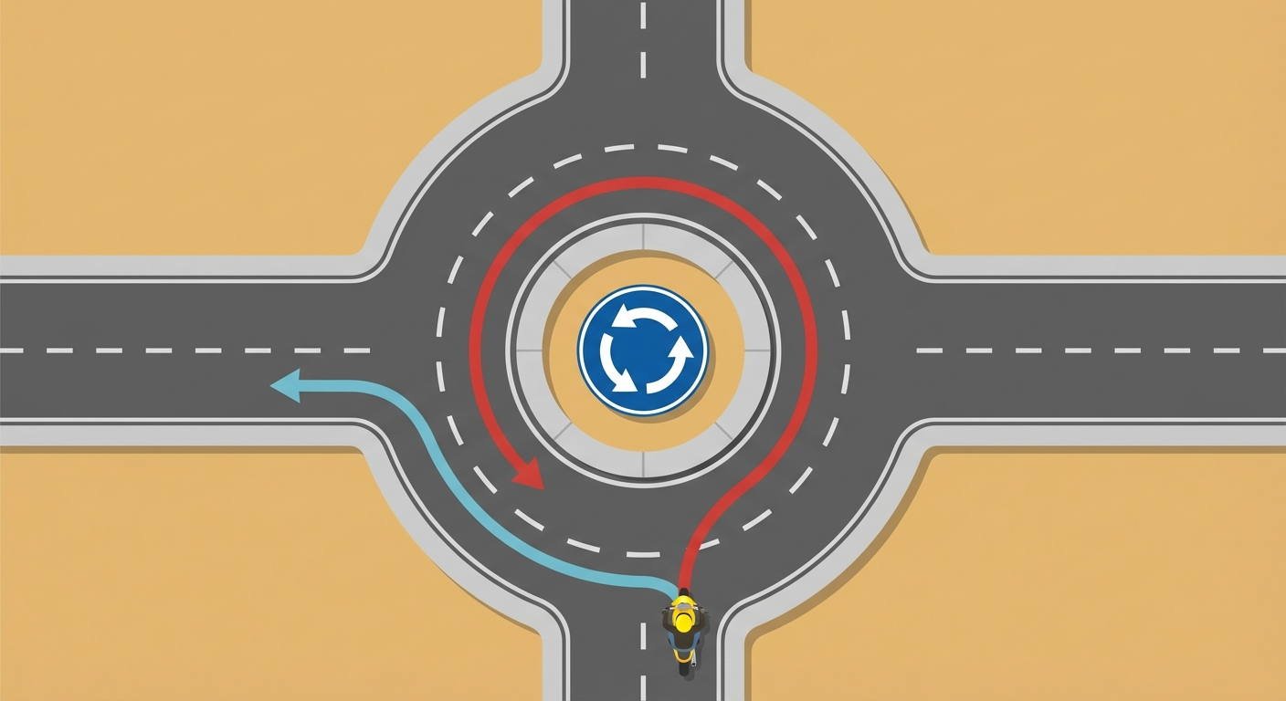 ¿Cuál de los itinerarios indicados es el correcto para un vehículo que pretenda tomar la salida de la izquierda en esta glorieta?