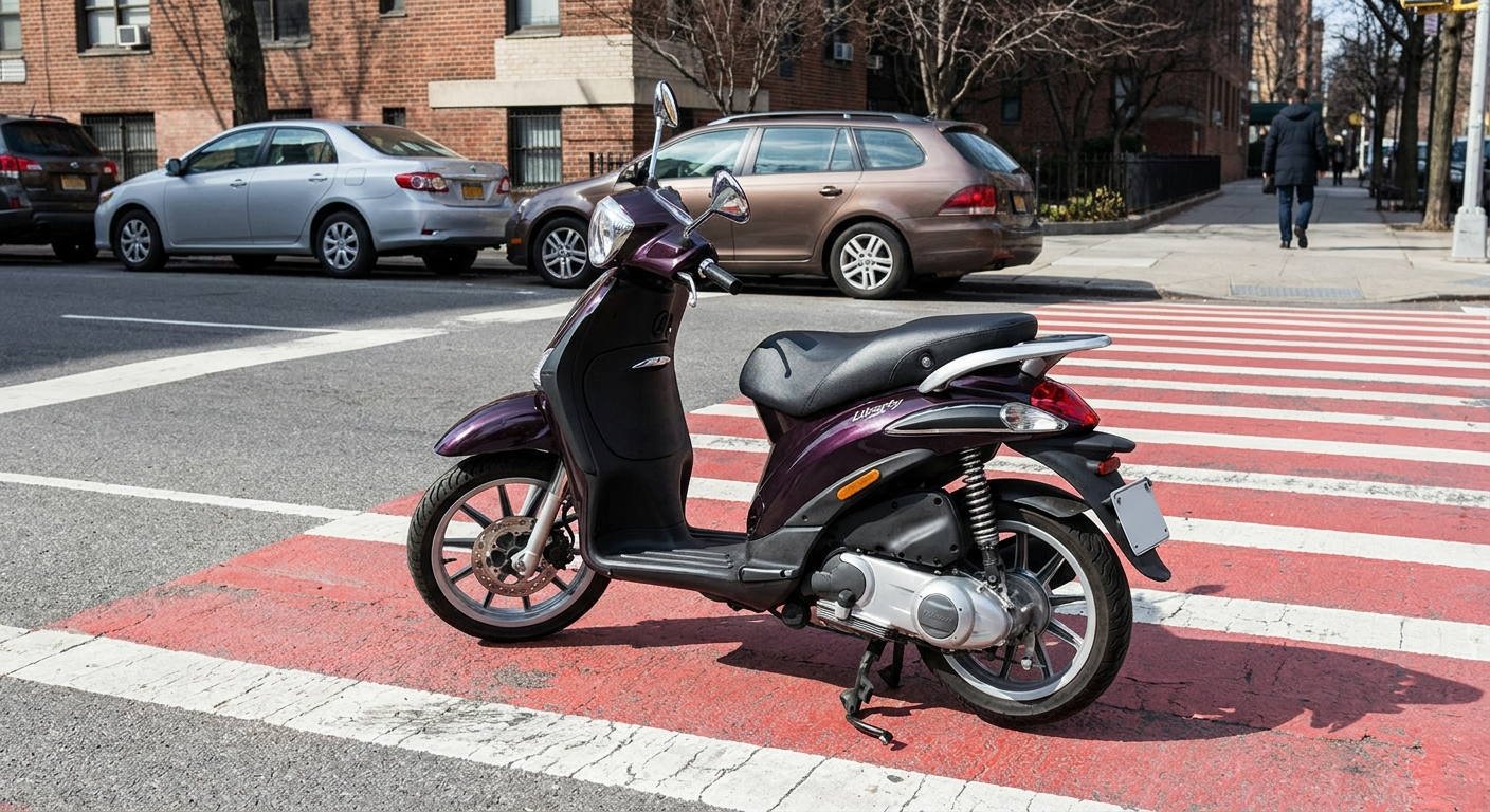 ¿Se encuentra correctamente estacionado este ciclomotor si su posición invade la marca vial de paso para peatones?