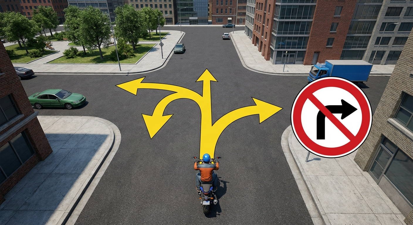 Atendiendo a las flechas que señalan los posibles itinerarios en el gráfico, ¿qué sentidos de circulación de los indicados le está permitido seguir a la persona que va al volante?
