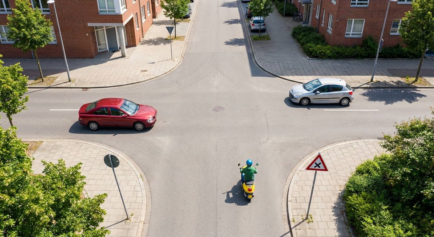 Al aproximarse a la intersección que se muestra, ¿cuál es la conducta reglamentaria que debe seguir el conductor del ciclomotor?