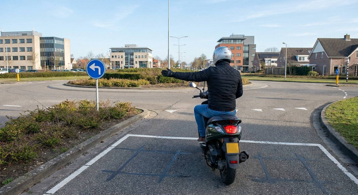 Observando la señal manual que efectúa el conductor en la intersección de la fotografía, ¿le está permitido realizar el giro hacia la dirección indicada con su brazo?