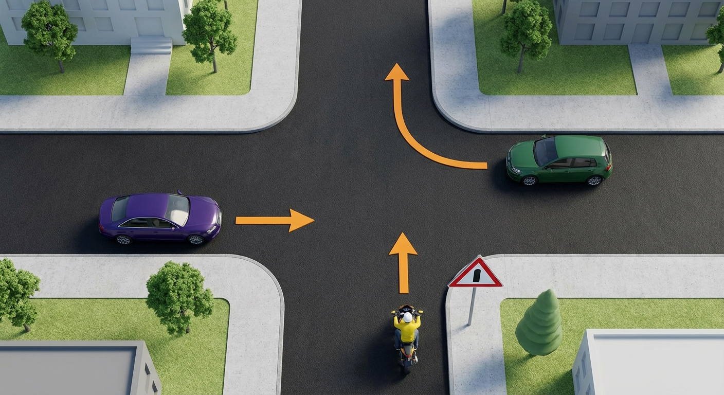 Observando la situación representada en este cruce, ¿cuál de los vehículos tiene la prioridad para avanzar antes que los otros dos?