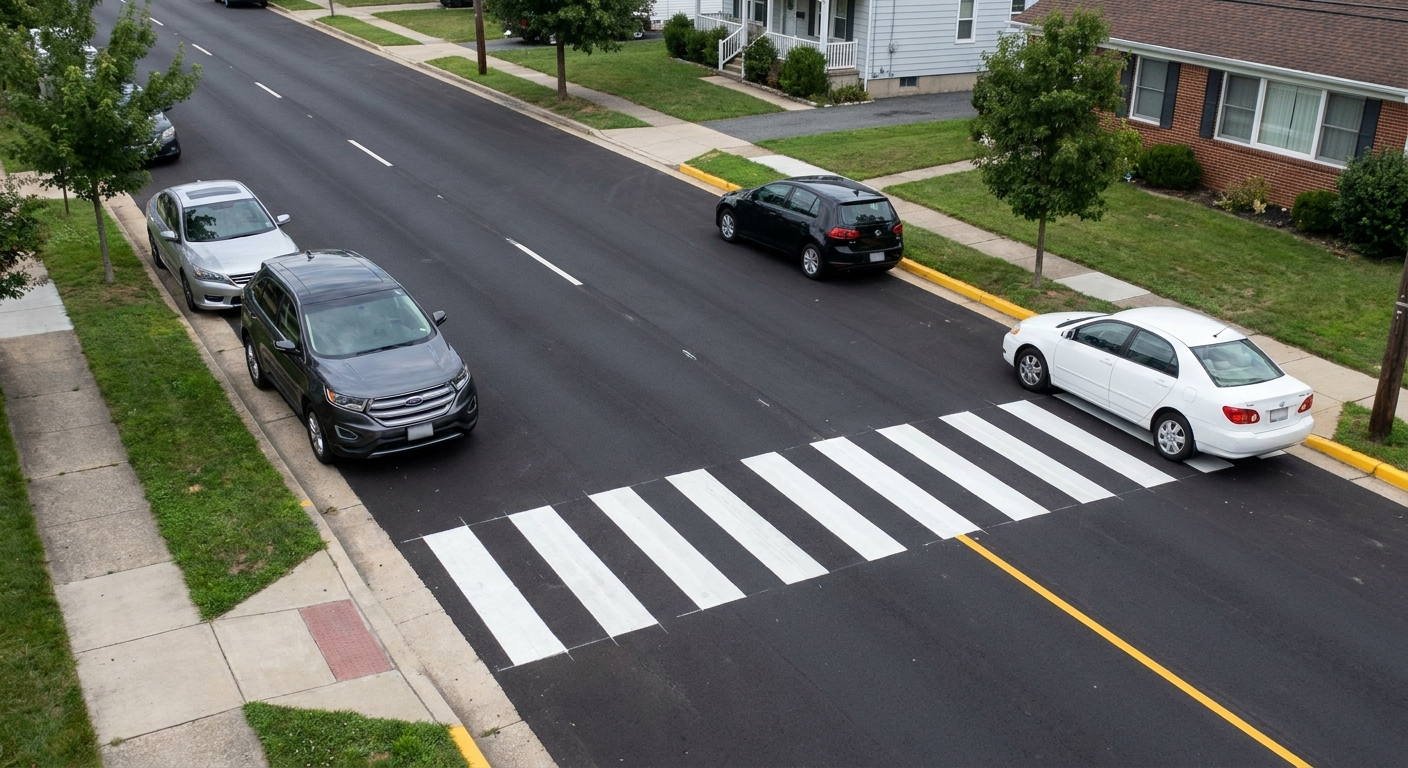 Observando la disposición de los automóviles situados en esta vía, ¿cuál de ellos se encuentra estacionado cumpliendo con lo establecido en la normativa?