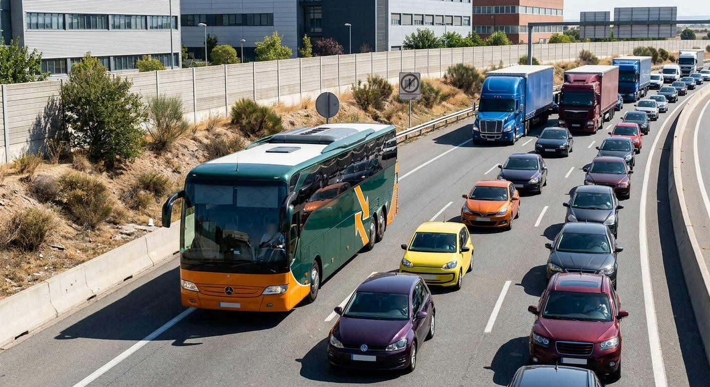 Ante una situación de tráfico denso que sature una vía de varios carriles, ¿resulta reglamentario que un autobús avance por el carril de la derecha a una velocidad superior a la de los vehículos de los otros carriles?